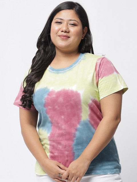 

BEYOUND SIZE - THE DRY STATE Women Plus Size Yellow & Blue Tie and Dye Dyed Cotton T-shirt