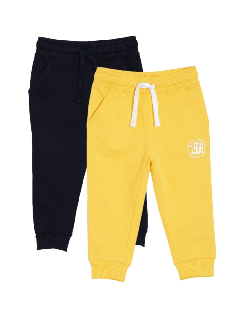 

3PIN Boys Pack Of 2 Navy Blue & Yellow Solid Cotton Joggers