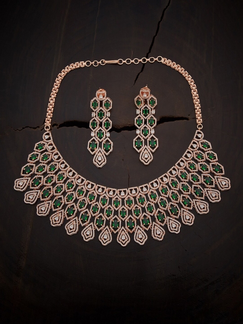 

Kushal's Fashion Jewellery Rose Gold-Plated Green Cubic Zirconia Studded Jewellery Set