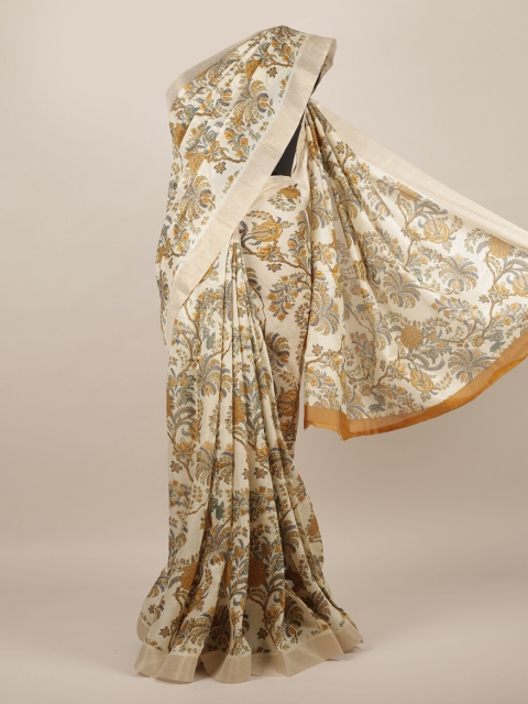 

Pothys Cream-Coloured & Taupe Floral Zari Jute Silk Saree