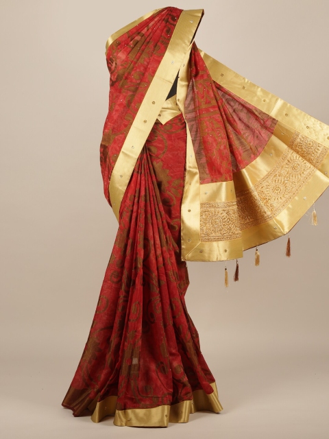 

Pothys Red & Gold-Toned Beads and Stones Jute Silk Saree