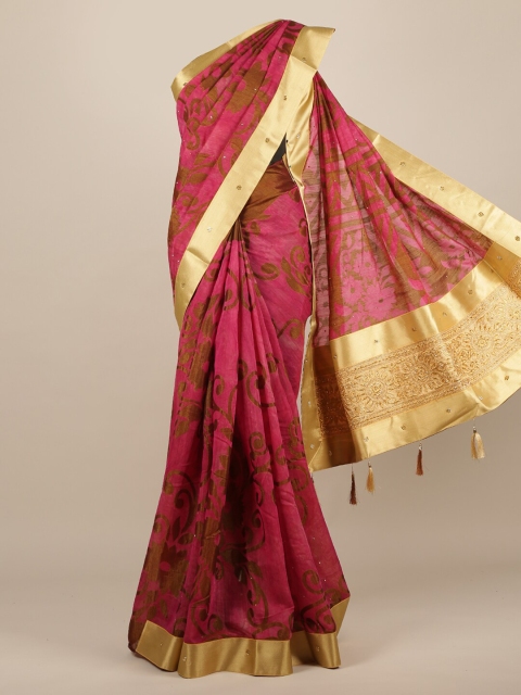 

Pothys Magenta & Golden Ethnic Motifs Beads and Stones Jute Silk Saree