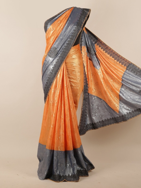 

Pothys Orange & Grey Ethnic Motifs Beads and Stones Jute Silk Saree