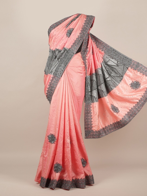 

Pothys Pink & Grey Embellished Beads and Stones Jute Silk Saree