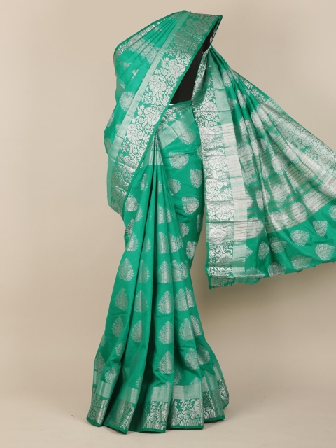 

Pothys Green & Silver-Toned Floral Zari Jute Silk Saree