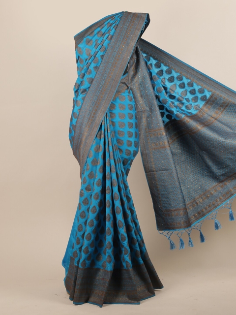 

Pothys Blue & Copper-Toned Ethnic Motifs Beads and Stones Jute Silk Saree
