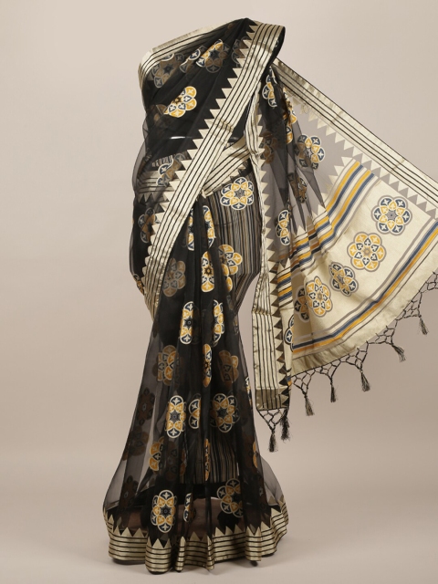 

Pothys Black & Silver-Toned Ethnic Motifs Tissue Saree