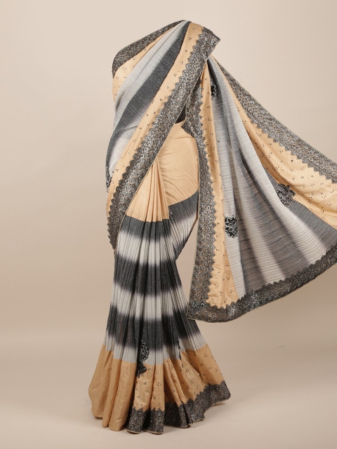 

Pothys Beige & Grey Floral Beads and Stones Jute Silk Saree