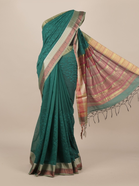 

Pothys Green & Gold-Toned Floral Embroidered Zari Jute Silk Saree