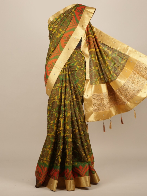 

Pothys Green & Orange Ethnic Motifs Beads and Stones Jute Silk Saree