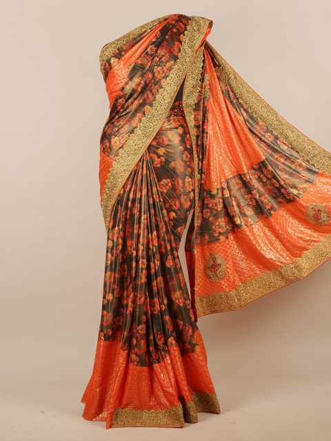 

Pothys Orange & Gold-Toned Floral Printed Saree