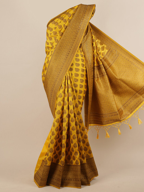 

Pothys Yellow & Golden Ethnic Motifs Zari Jute Silk Saree