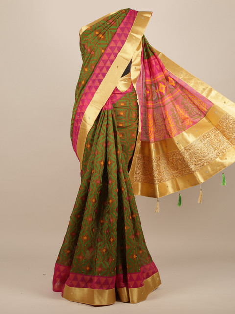 

Pothys Green & Gold-Toned Ethnic Motifs Printed Zari Jute Silk Saree