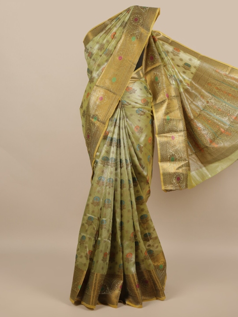 

Pothys Green & Gold-Toned Floral Woven Design Cotton Blend Zari Saree
