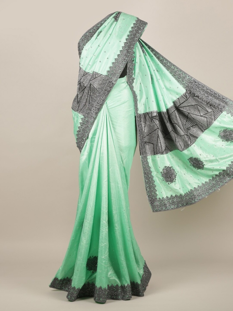 

Pothys Green & Grey Embellished Beads and Stones Jute Silk Saree