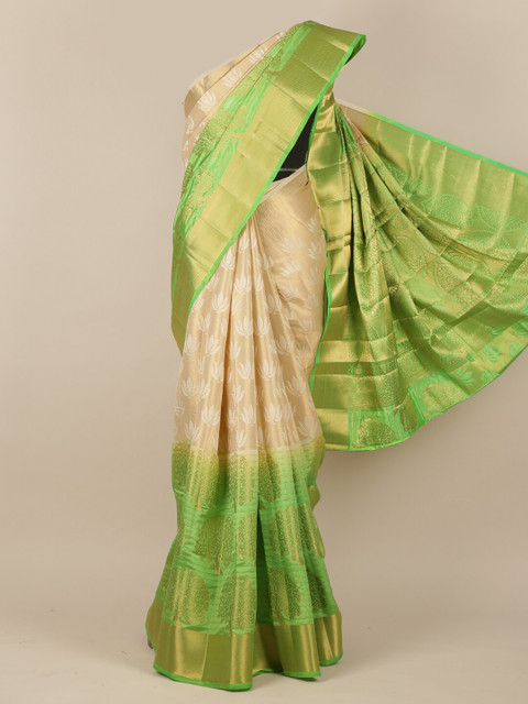 

Pothys Cream-Coloured & Green Woven Design Jute Silk Saree