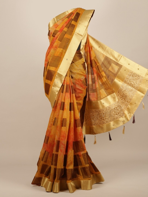 

Pothys Yellow & Orange Ethnic Motifs Jute Silk Saree