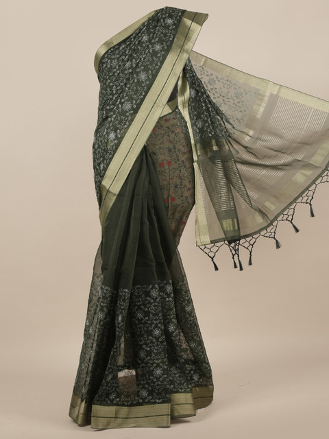 

Pothys Green & Golden Floral Zari Organza Saree