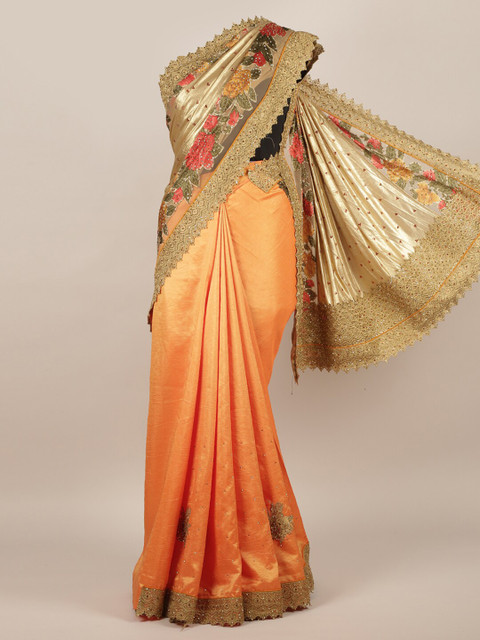 

Pothys Orange & Gold-Toned Floral Beads and Stones Half and Half Saree