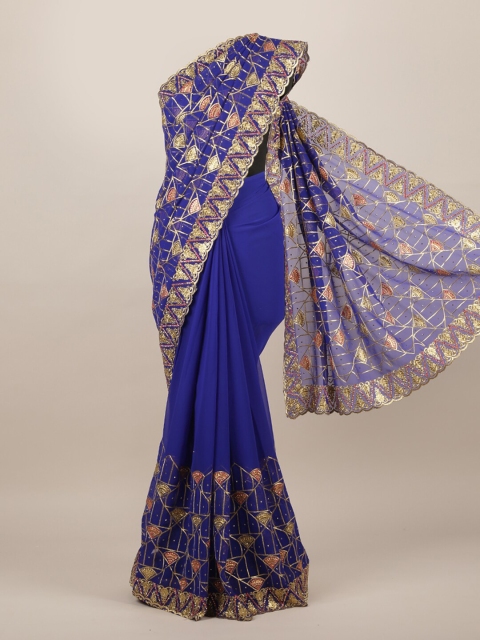 

Pothys Blue & Gold-Toned Ethnic Motifs Beads and Stones Saree