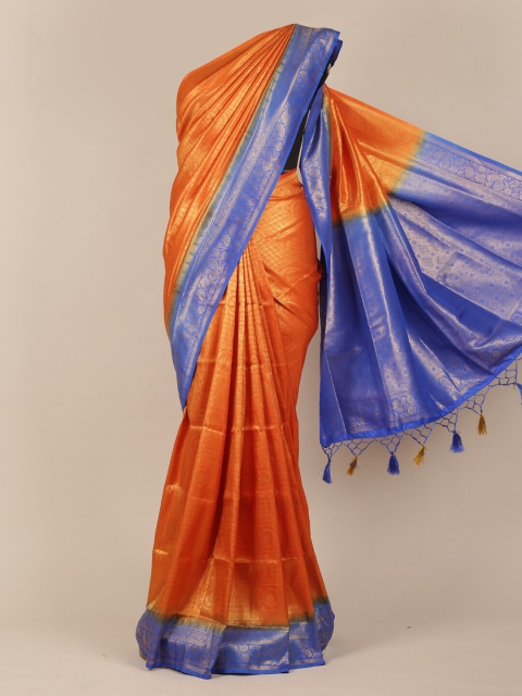 

Pothys Orange & Blue Ethnic Motifs Zari Jute Silk Saree