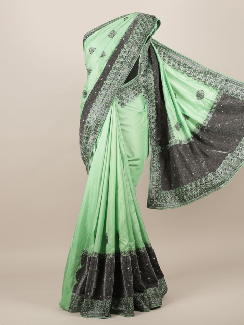

Pothys Green & Charcoal Embellished Beads and Stones Jute Silk Saree