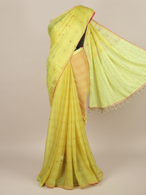 

Pothys Green & Pink Checked Beads and Stones Saree