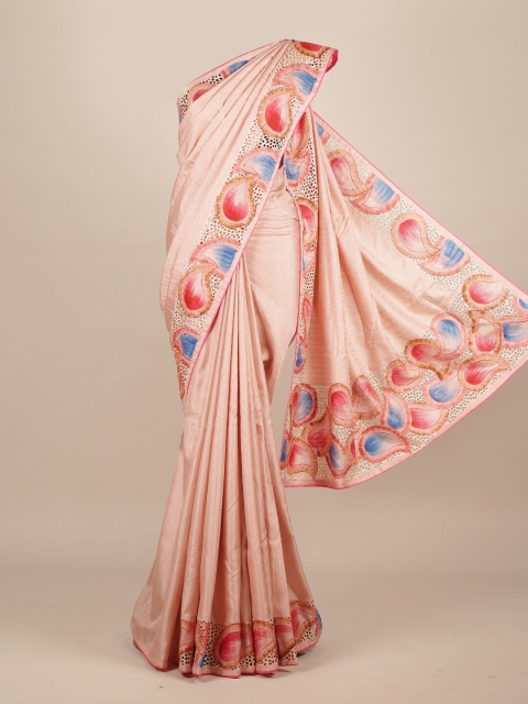 

Pothys Peach-Coloured & BluePrinted & Embellished Jute Silk Saree