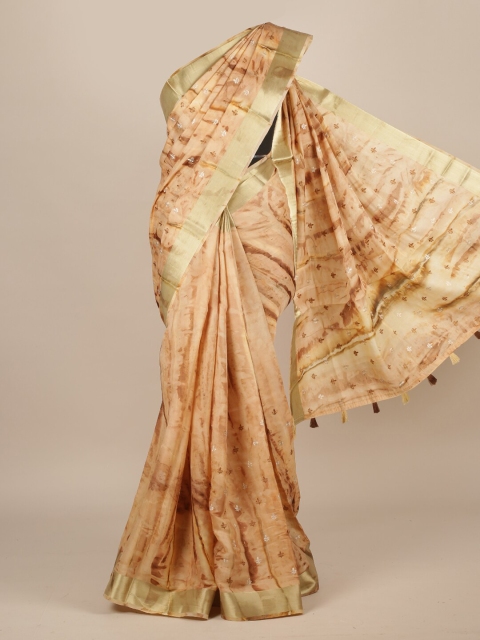 

Pothys Peach & Gold Printed Zari Jute Silk Saree