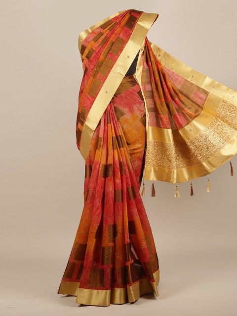 

Pothys Pink & Gold-Toned Woven Design Zari Jute Silk Saree