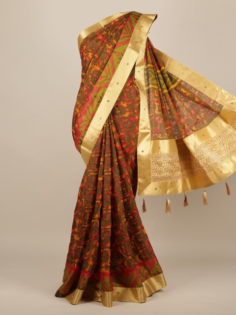 

Pothys Green & Gold-Toned Ethnic Motifs Zari Jute Silk Saree