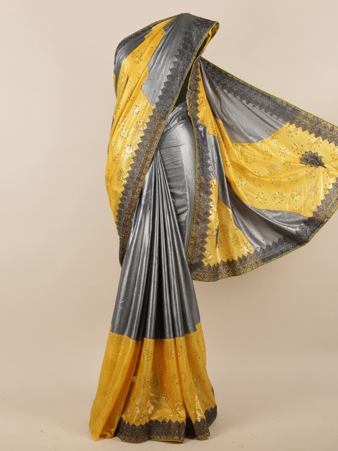 

Pothys Yellow & Grey Embellished Beads and Stones Jute Silk Saree