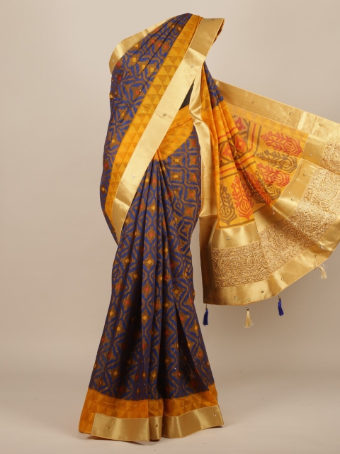 

Pothys Blue & Mustard Yellow Ethnic Motifs Zari Jute Silk Saree