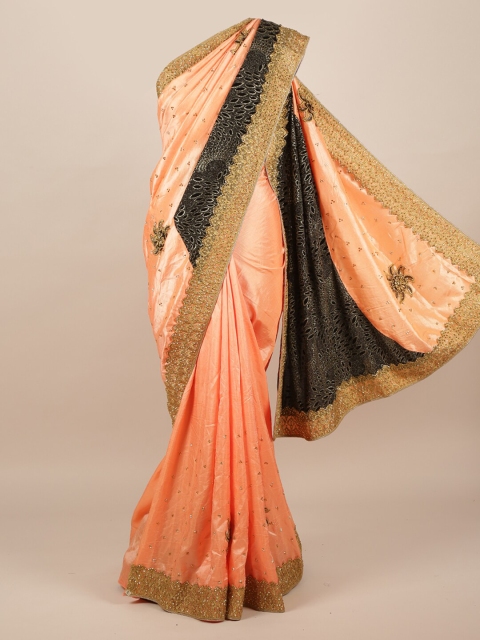 

Pothys Peach-Coloured & Black Embellished Beads and Stones Jute Silk Saree