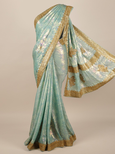 

Pothys Blue & Gold-Toned Embellished Beads and Stones Poly Chiffon Saree