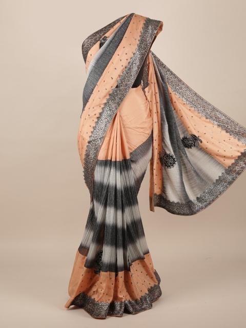 

Pothys Peach-Coloured & Black Embellished Jute Silk Saree