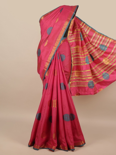 

Pothys Coral Pink & Teal Blue Ethnic Motifs Zari Jute Silk Saree