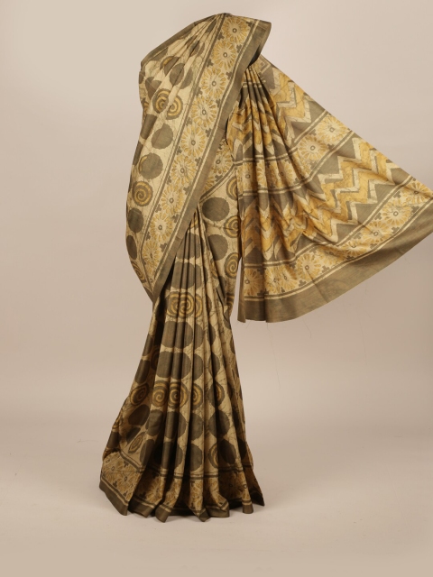 

Pothys Cream-Coloured & Olive Green Ethnic Motifs Jute Silk Saree