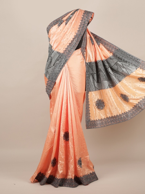 

Pothys Peach-Coloured & Grey Embellished Jute Silk Saree