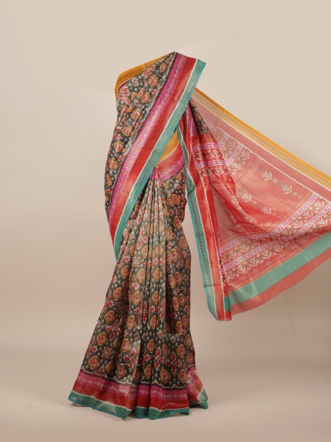 

Pothys Green & Pink Floral Printed Jute Silk Saree