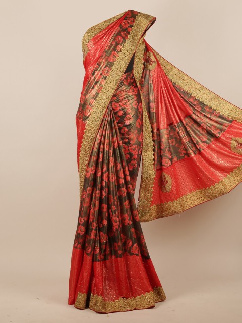 

Pothys Brown & Red Floral Printed Poly chiffon Saree