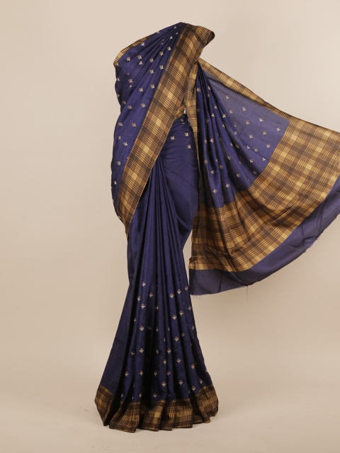 

Pothys Blue & Gold-Toned Floral Embroidered Jute Silk Saree