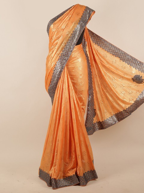 

Pothys Orange & Grey Melange Embellished Beads and Stones Jute Silk Saree