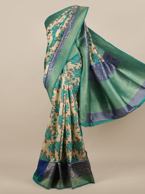 

Pothys Cream-Coloured & Green Floral Zari Jute Silk Saree