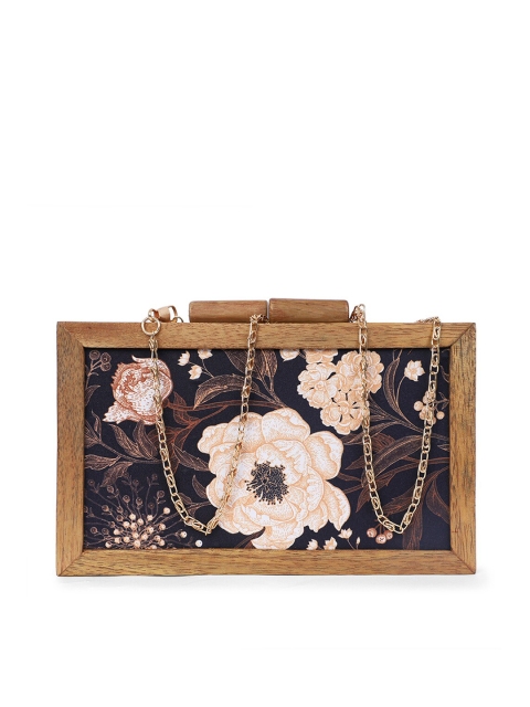 

ARTFLYCK Brown & Black Printed Embellished Wooden Box Clutch