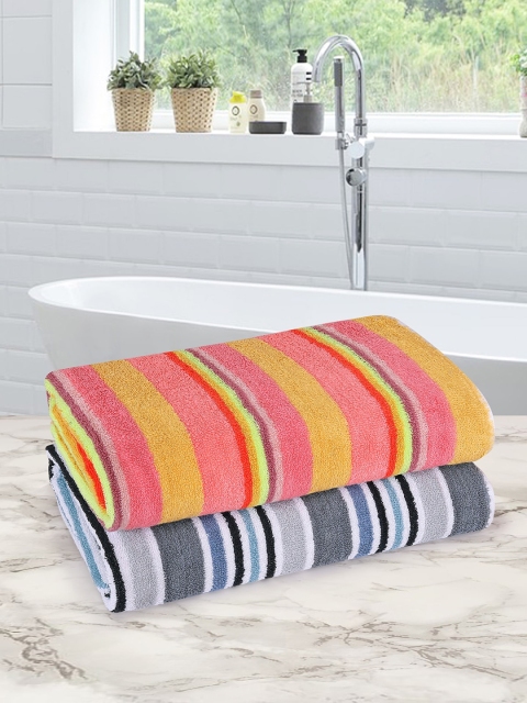 

ROMEE Set Of 2 Striped Cotton 500 GSM Bath Towels, Pink