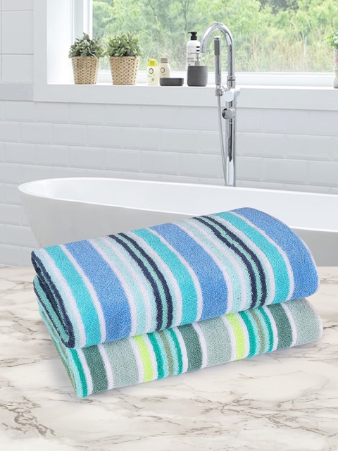 

ROMEE Set Of 2 Green & Blue Striped 500 GSM Cotton Bath Towels