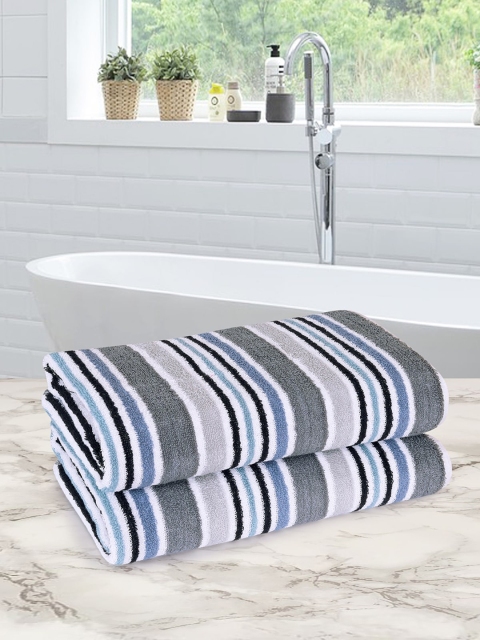 

ROMEE Set Of 2 Grey & Blue Striped Cotton 500 GSM Bath Towels