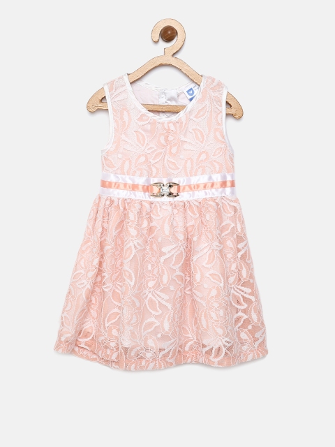 

612 league Girls Peach-Coloured Lace Fit & Flare Dress