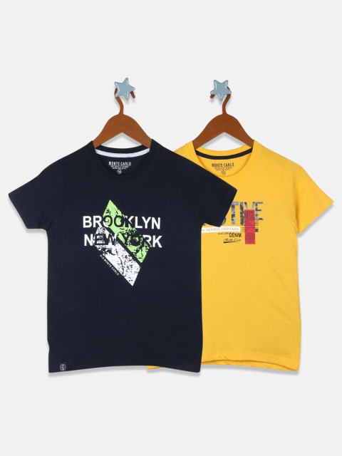 

Monte Carlo Boys Mustard Yellow & Navy Blue Pack Of 2 Typography Printed T-shirt